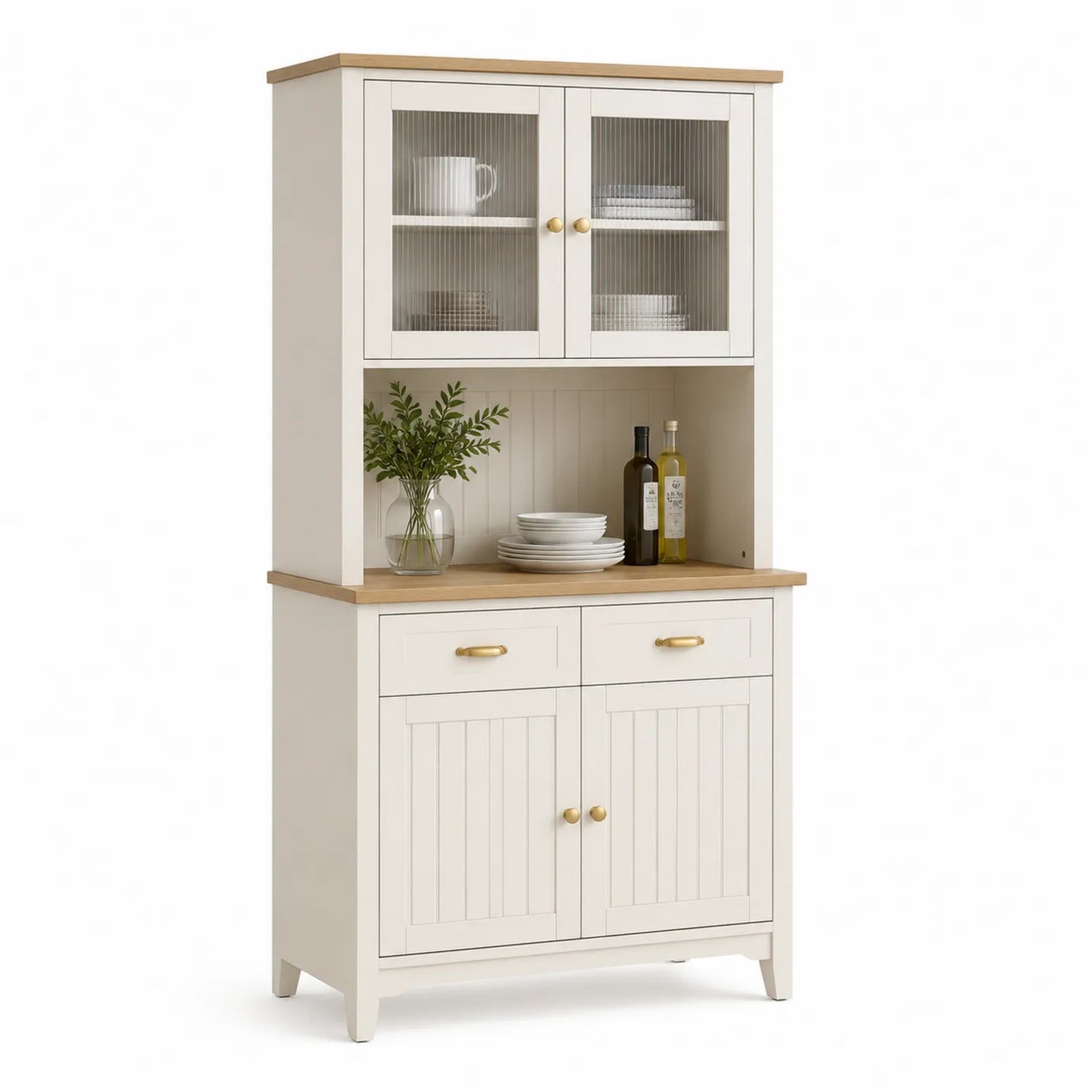 Holzschrank und Vitrine mit Glas, Weiß und Hellbraun