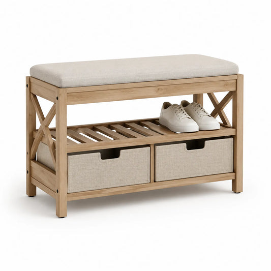 Schuhbank mit Holzrahmen und Stoffpolster in Beige