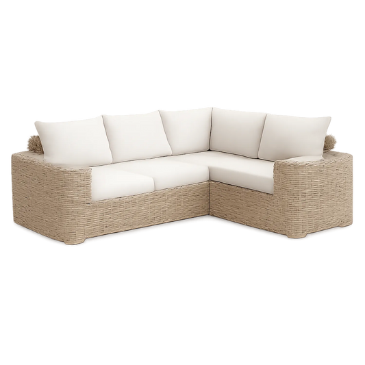 Rattan Ecksofa mit weißen Kissen 240cm