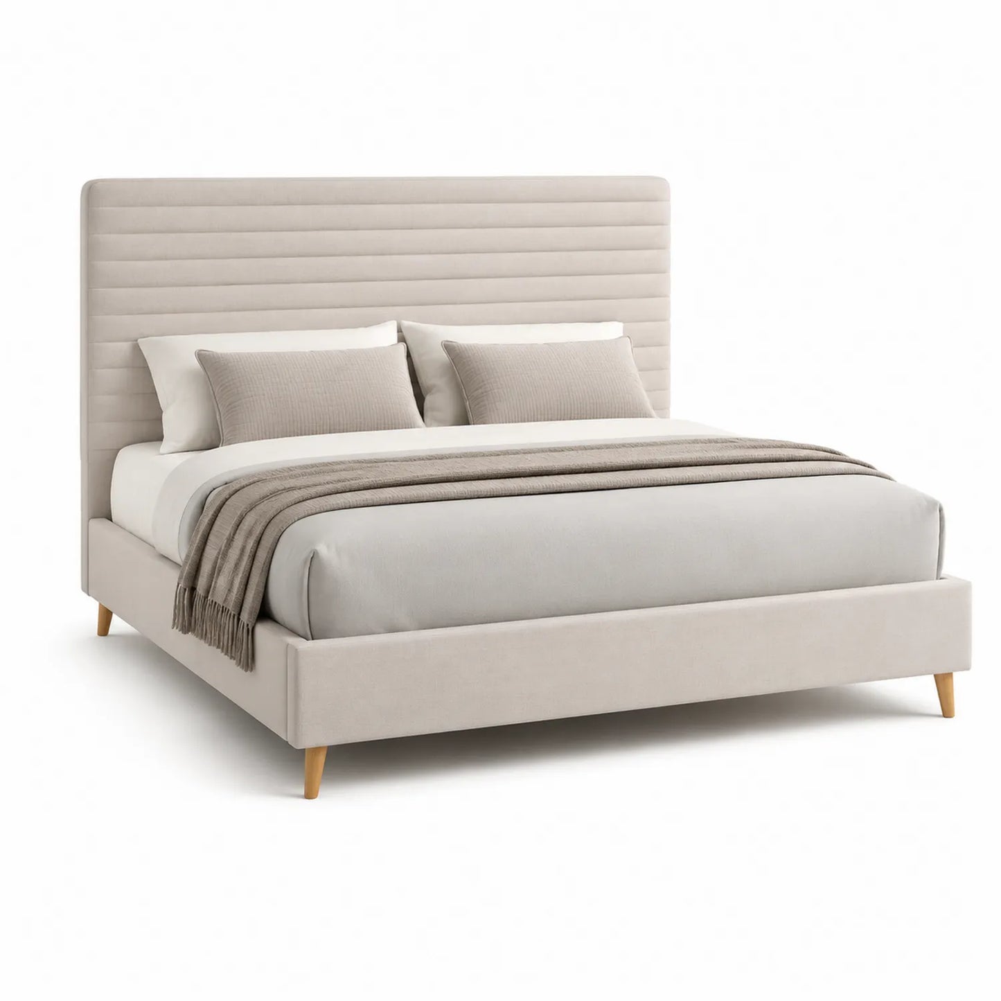 Polsterbett aus Stoff mit Holzbeinen in Beige