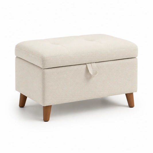 Aufbewahrungshocker mit Leinenbezug und Holzbeinen, Beige