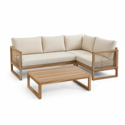 Gartensofa Set aus Teakholz mit Polyesterpolstern und Tisch