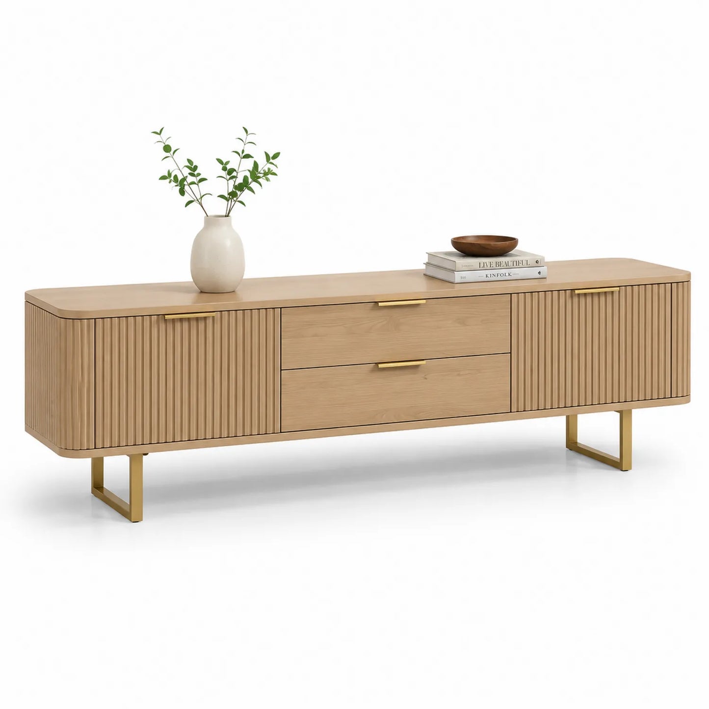 Holz TV-Schrank mit Eichenfurnier und goldfarbenen Details 180 cm