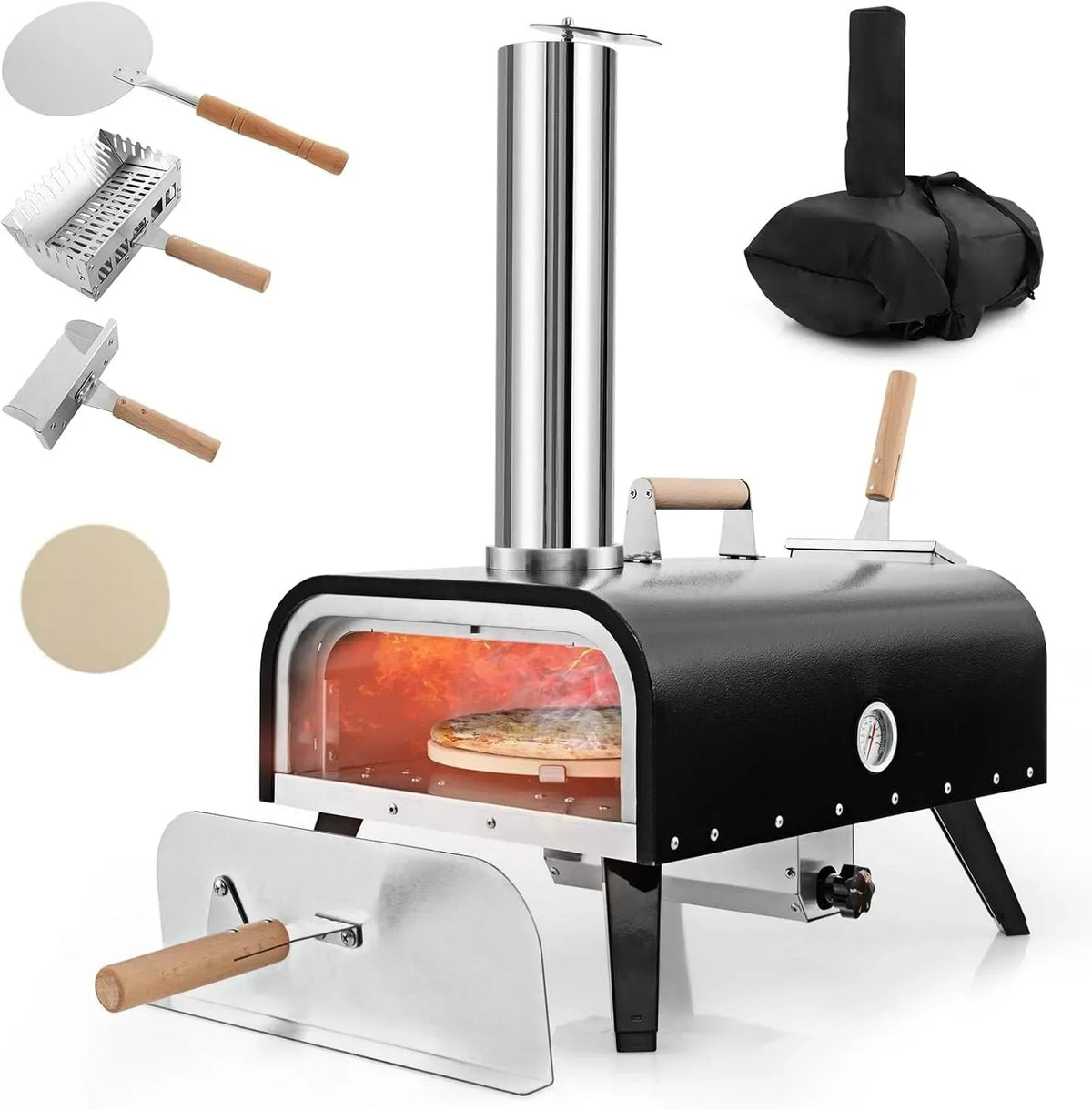 Elektrischer Pizzaofen, GYMAX, tragbar, Outdoor, Grill, Camping, Edelstahl, tragbarer Grillofen mit Thermometer, Pizzastein & Pizzaschaufel