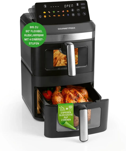 Heißluftfritteuse, 12 L, elektrische Fritteuse ohne Öl, GOURMETmaxx FryUp XXL vertikale Doppelkammer Heißluftfritteuse