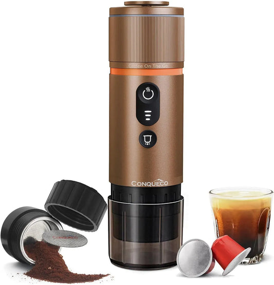 Espressomaschine, 12 V, CONQUECO, tragbar, Camping, 2 in 1 für gemahlenen kaffee und NS
