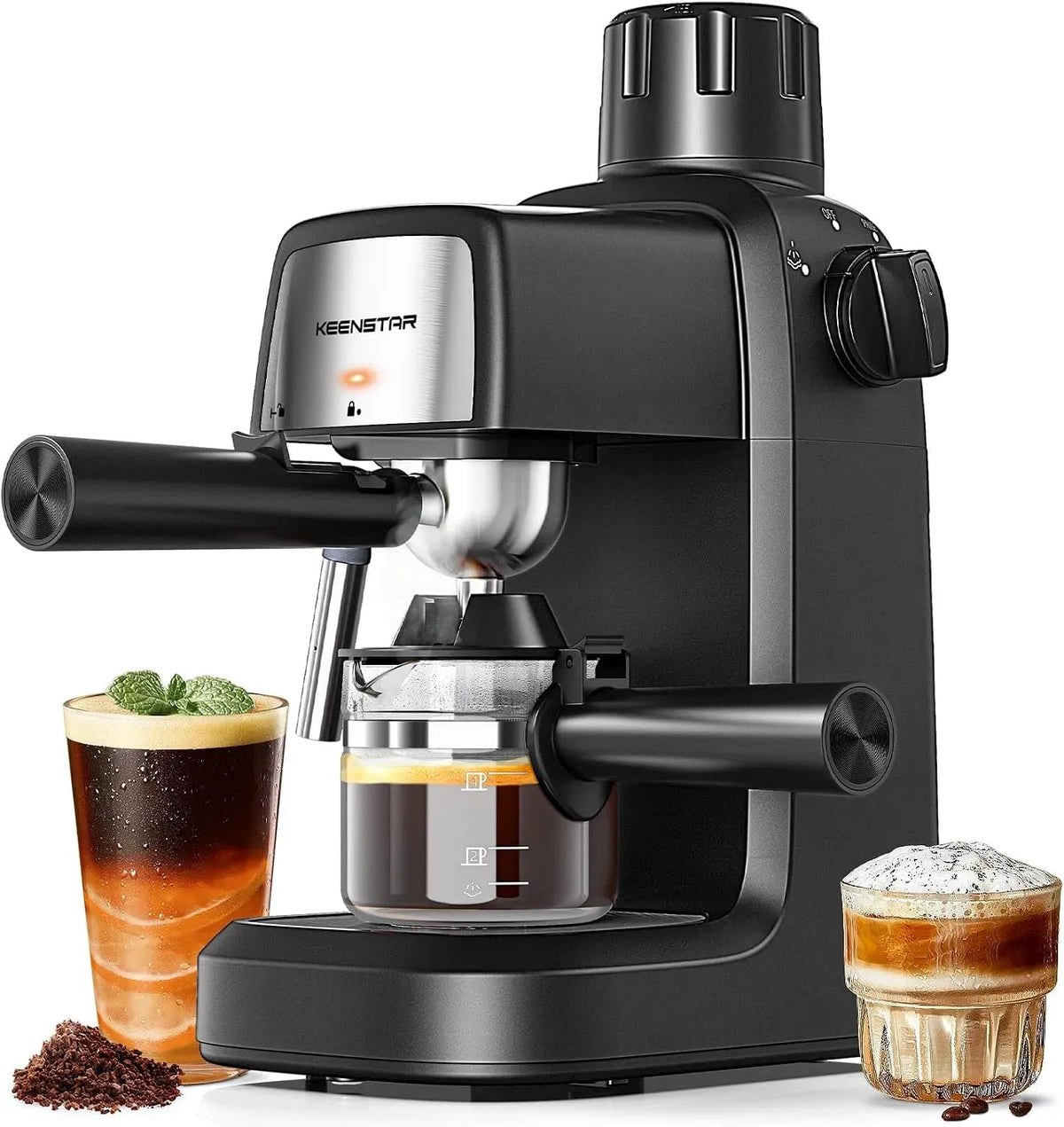 Milchaufschäumer 4-Tassen-Kaffeemaschine, 800 W, Milchschäumer, für Cappuccino oder Latte, kompakte 800 Watt Maschine mit Vorwärmfunktion, KEENSTAR
