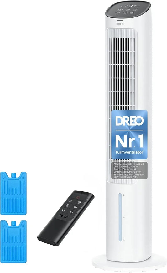 Luftkühler, 102 cm, DREO, leise, Weiß, Turmventilator mit Kühlung leise, Verdunstungskühler mit 80° Schwenkfunktion, 3 Modi, 4 Geschwindigkeiten