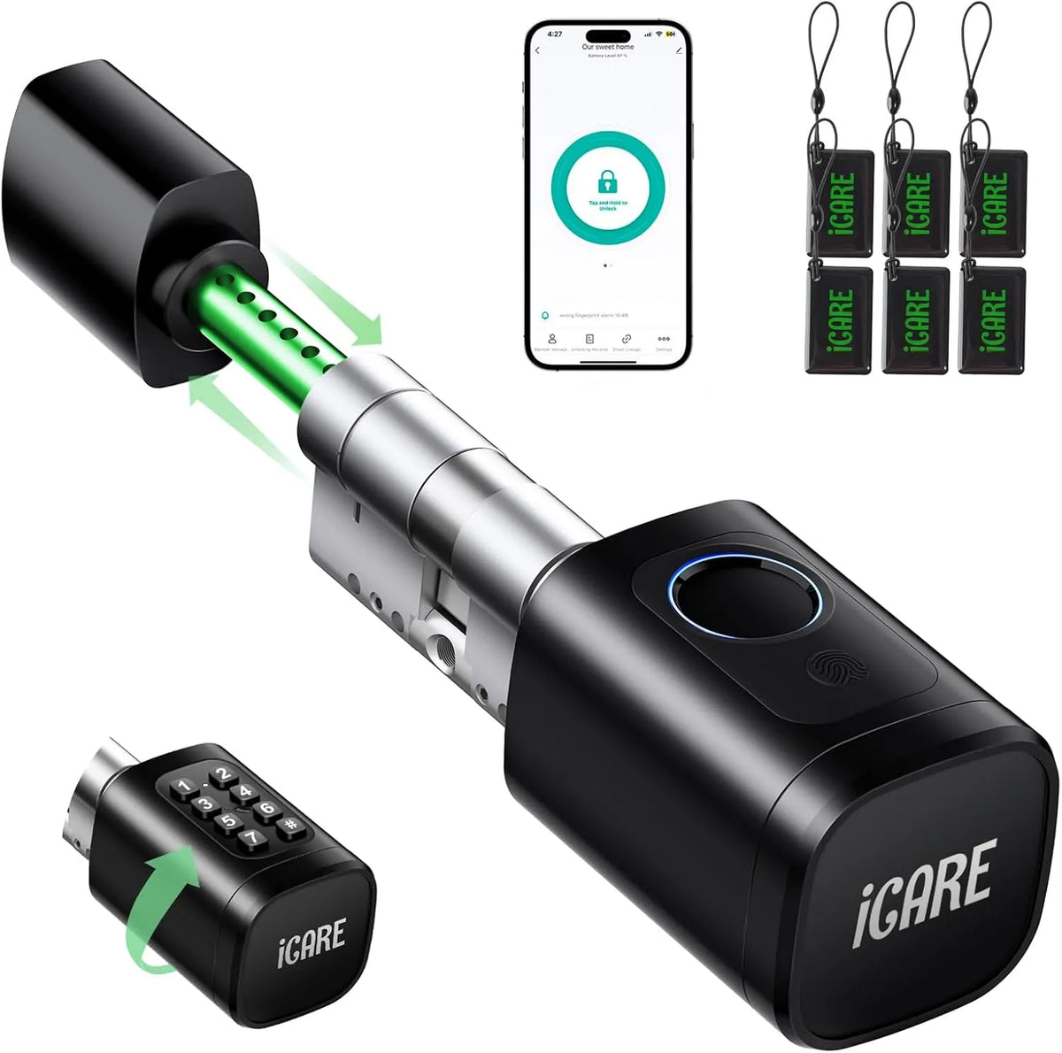 60-90mm Elektronisches Türschloss, Türschloss Fingerabdruck, 30/30, 45/45, Elektronischer Schließzylinder, Smart Lock für die Haustür mit RFID, App