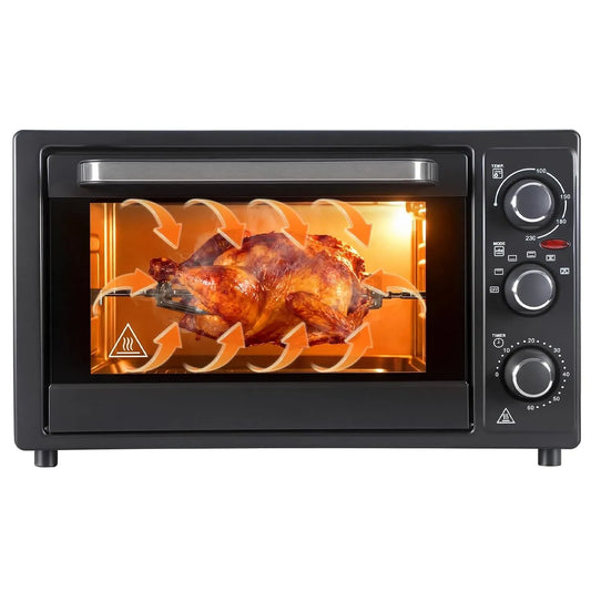 Smartes Thermostat, 32 L, 1500 W, 0 bis 230 °C, Timer, Grill, Pizza, 2 Temperaturzonen, Edelstahl, Schwarz, 60 Min Timer, Grillrost