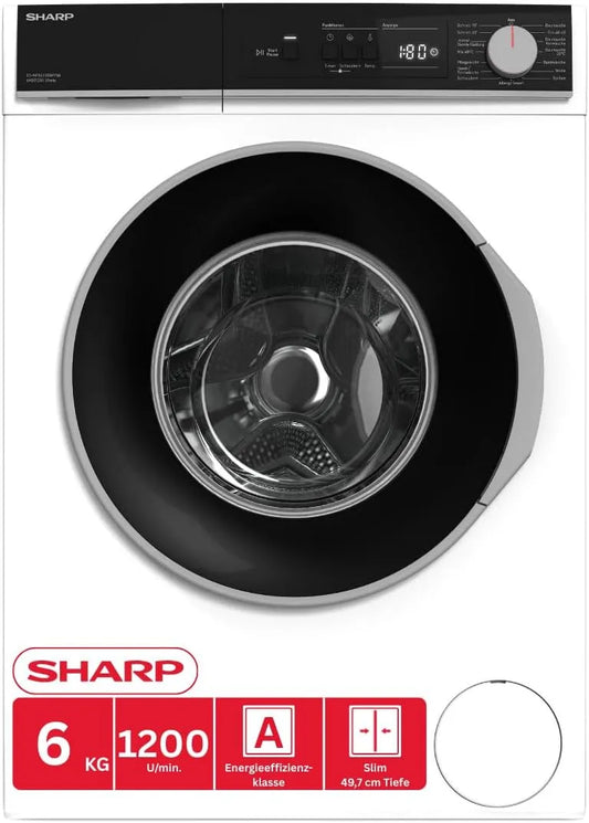 Sharp ES-NFA612BW1NA-DE Waschmaschine, 6 kg, Inverter, Dampf, aquaStop, schmal, Weiß, 1200 U/min, Inverter Motor, EEK A
