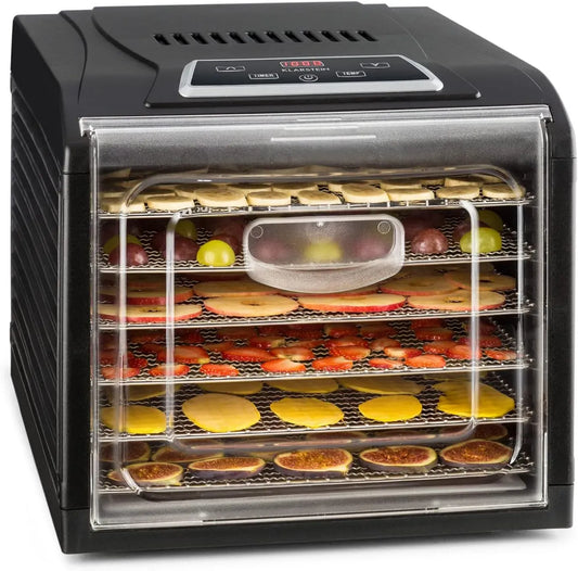 Klarstein Dörrautomat, Dörrgerät, Lebensmitteltrockner, 500 W, Touch-Bedienung, Timer, Edelstahl, 6 Ablagen, Wärmefunktion, Schwarz